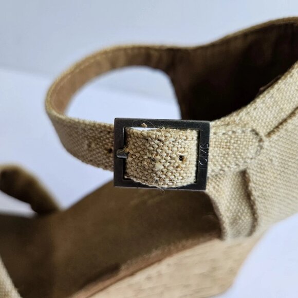 TOMS Women’s Natural Canvas Cork Wedge Heels Size 9.5M Criss Cross Peep Toe Espa - Picture 5 of 9